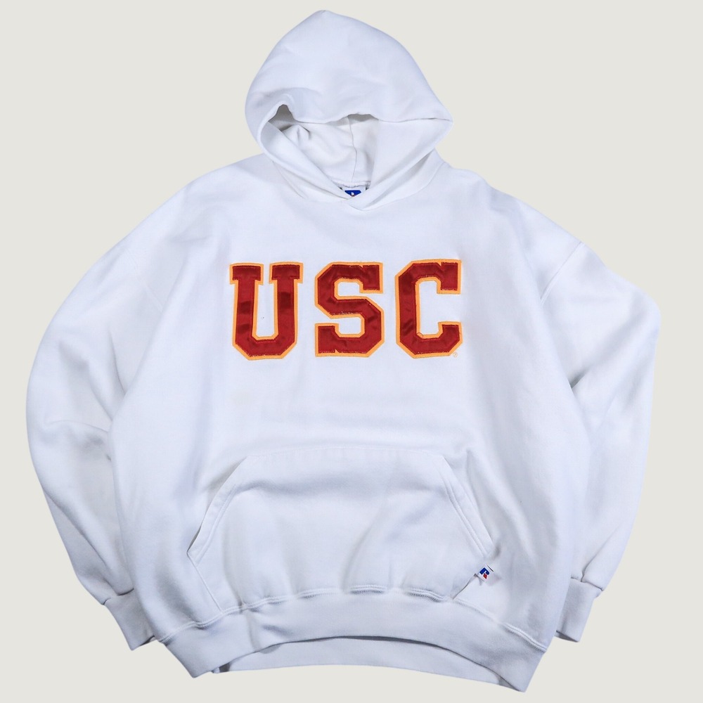 Vintage 90s Russell Athletic USC Hoodie Mens XL White Trojans Pullover Hoodie